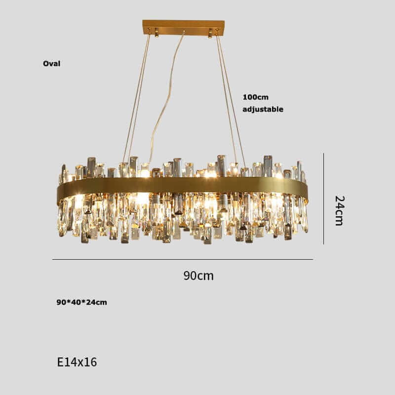 Gold crystal chandelier, adjustable oval design, dims 90cm x 24cm, ideal for luxurious home décor.