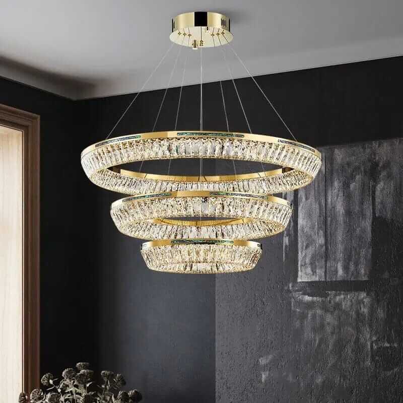 Opulent foyer chandelier featuring K9 crystals and LED lights, adding elegance to modern interiors.