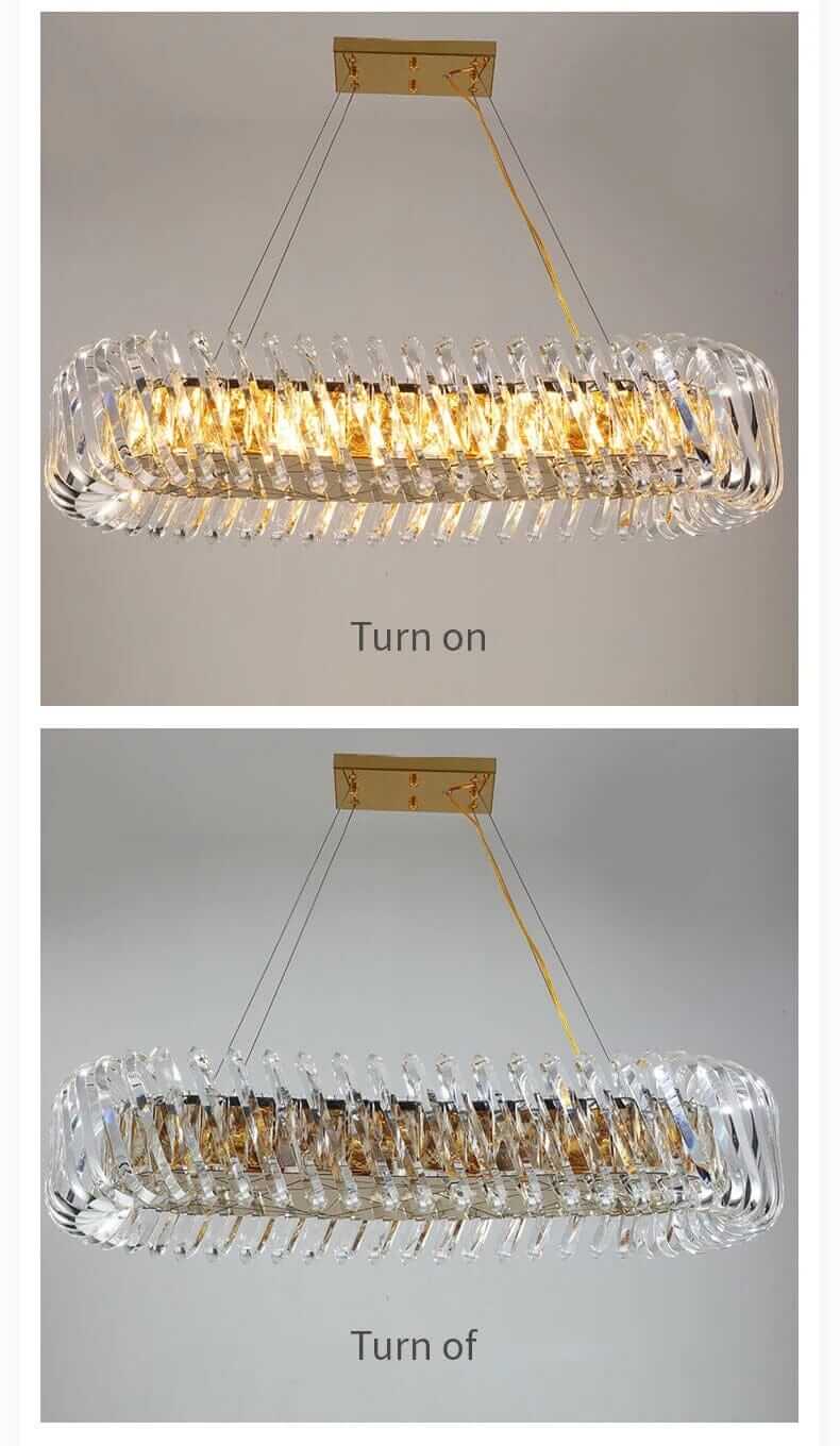 Stylish entryway chandelier with gold finish, showing on and off states for ambiance and sophistication.