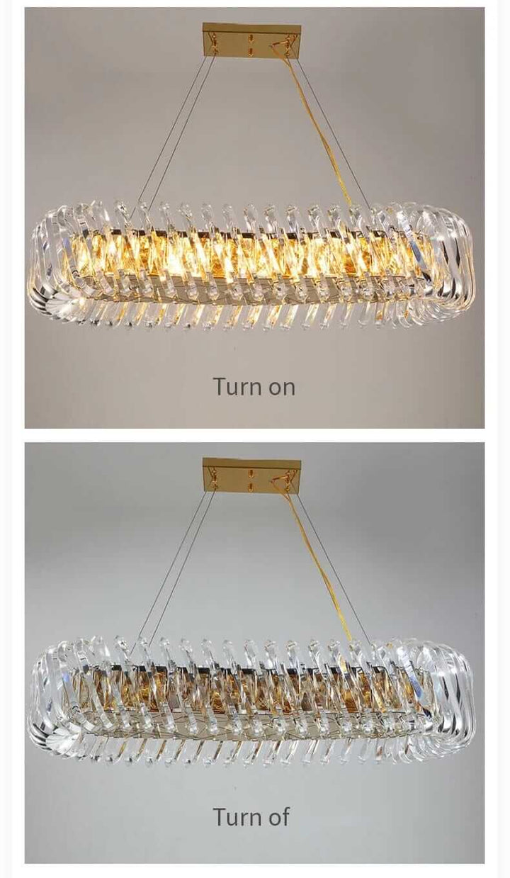 Stylish entryway chandelier with gold finish, showing on and off states for ambiance and sophistication.