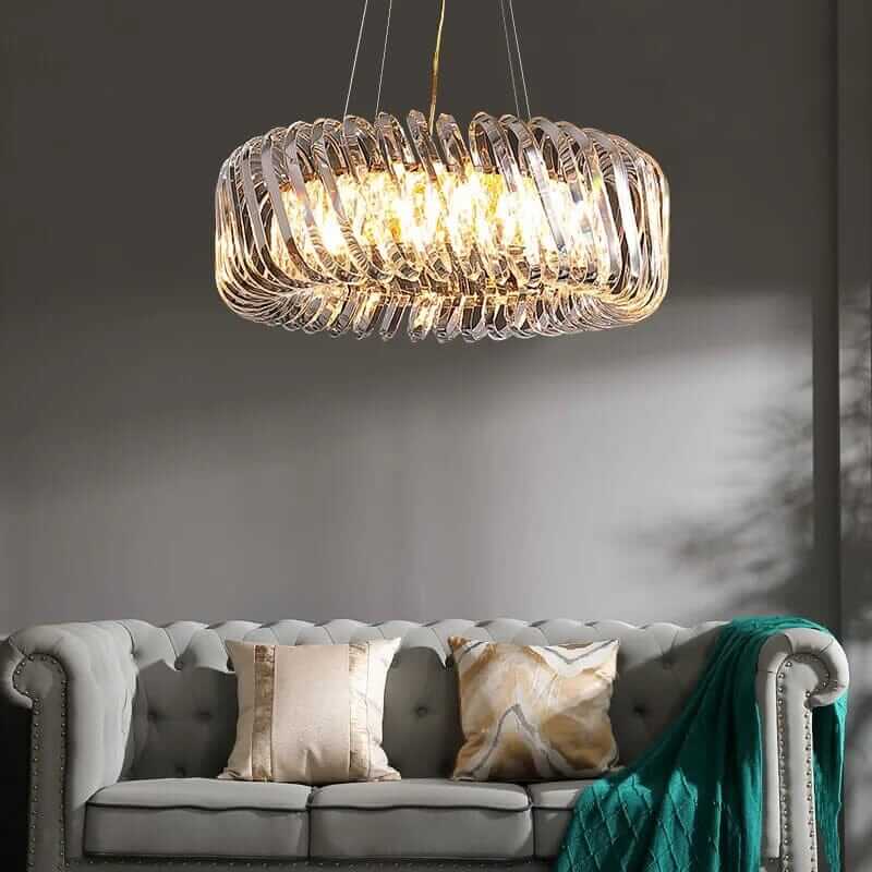Modern Entryway Chandelier with a unique design and warm ambiance, suspended over a stylish sofa.