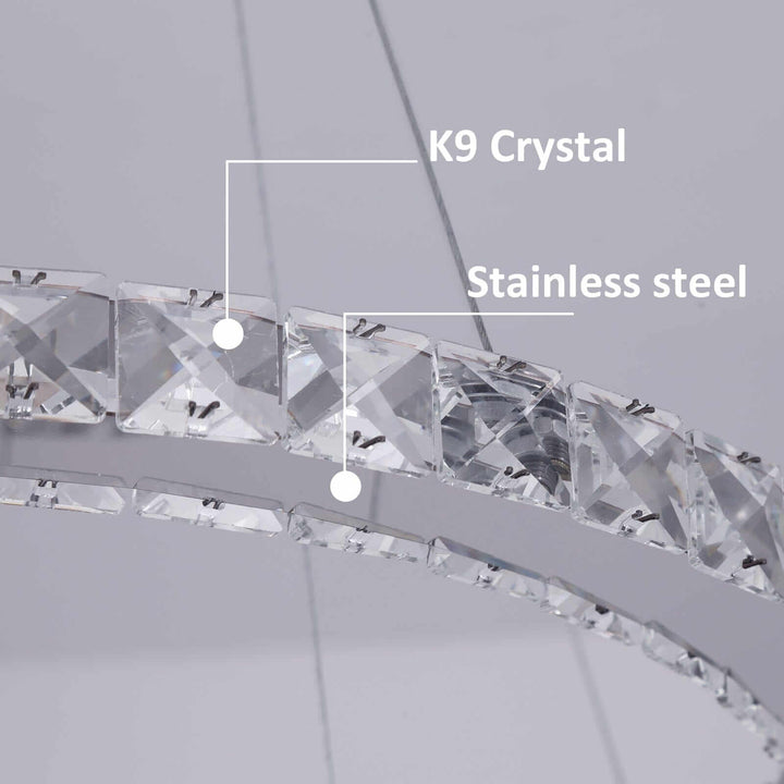 Close-up of a Foyer Chandelier featuring K9 crystal and stainless steel elements, showcasing elegance and design.