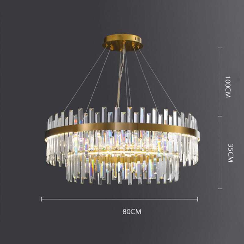 Foyer chandelier featuring a dual-tiered design with crystal accents and gold finish, dimensions 80cm diameter, 100cm height.