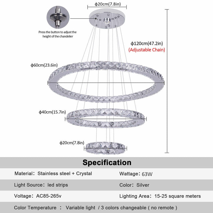Elegant entryway chandelier specifications showing adjustable height, stainless steel, crystal, and three light modes in silver.