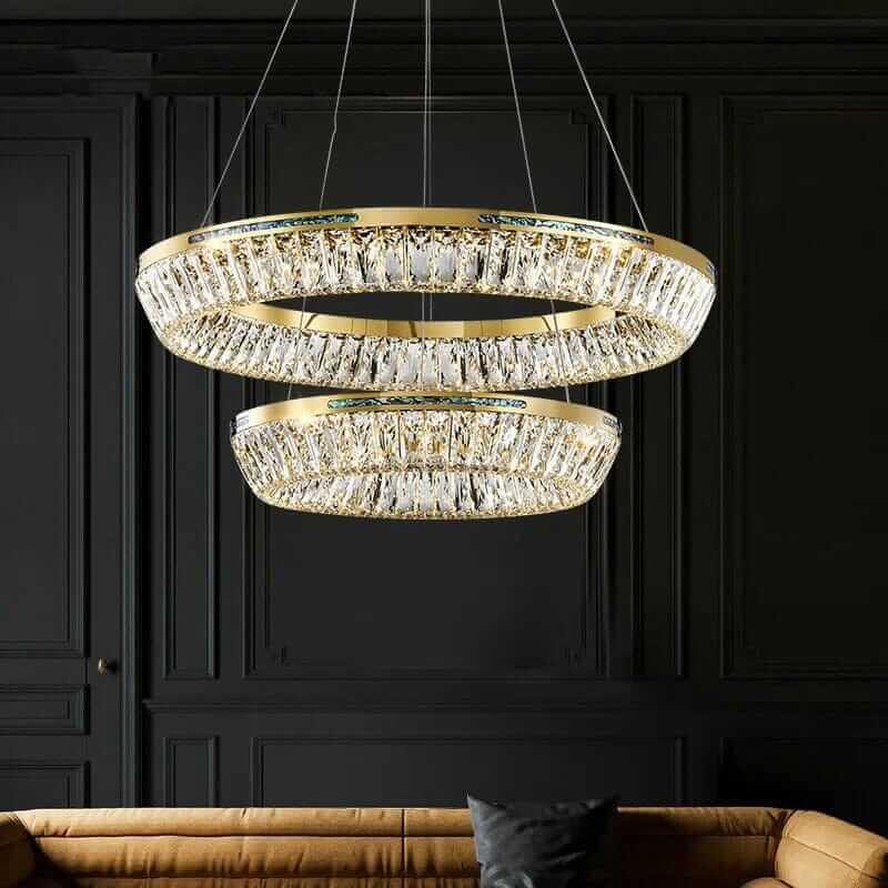 Luxurious foyer chandelier with K9 crystal and LED lighting, exuding opulence and sophistication in a modern setting.