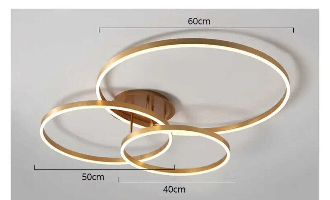 Elegant LED chandelier featuring three circular rings with warm light, dimensions 60cm, 50cm, and 40cm.