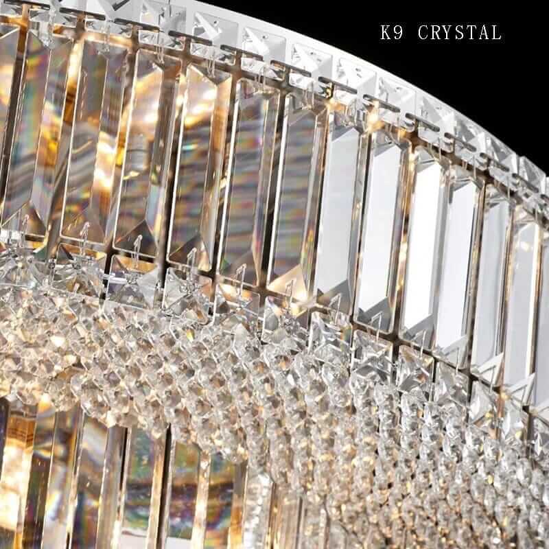 Close-up of K9 crystal details on a luxurious chandelier, showcasing shimmer and elegance.
