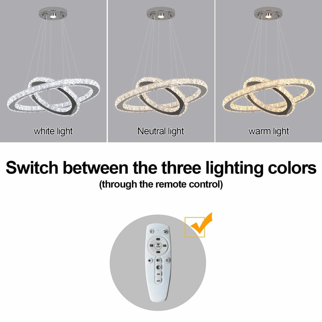 Foyer Chandelier showcasing white, neutral, and warm light options with remote control for customizable ambiance.