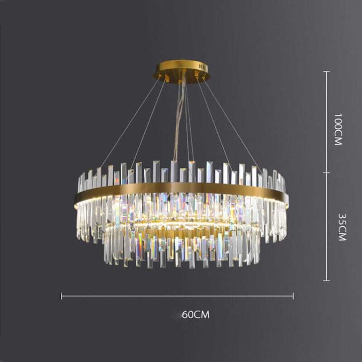 Elegant foyer chandelier with dual tiers, featuring crystal accents and a modern gold finish, measuring 60cm wide.