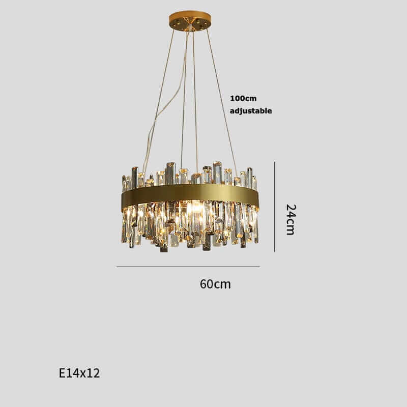 Gold crystal chandelier with adjustable height, measuring 60cm wide and 24cm tall, perfect for elegant home decor.