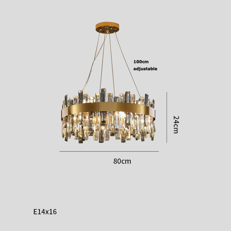 Gold crystal chandelier with adjustable height, featuring elegant design and ample lighting for any room.
