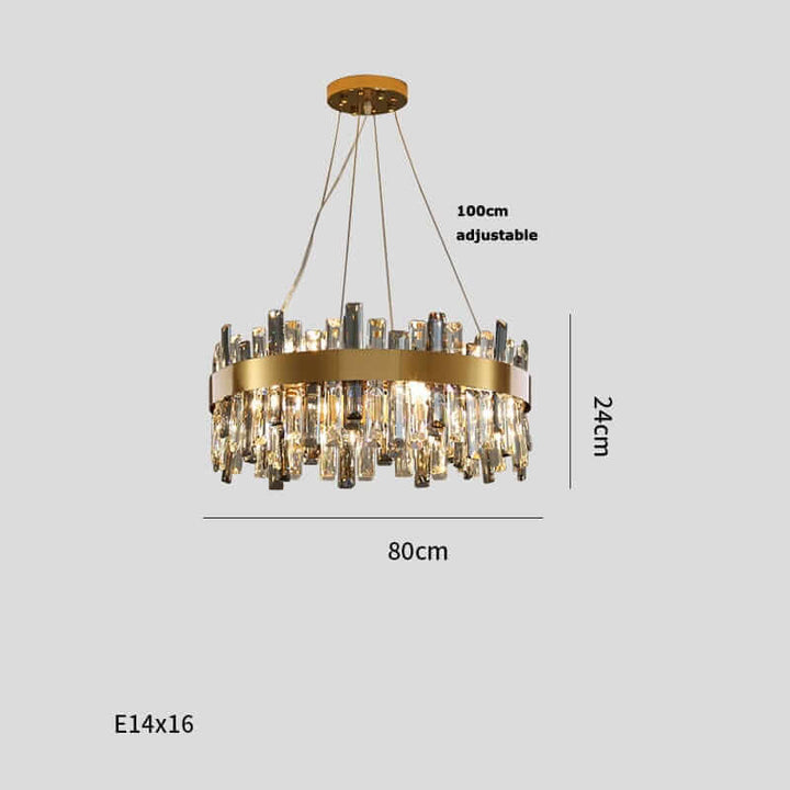 Gold crystal chandelier with adjustable height, featuring elegant design and ample lighting for any room.