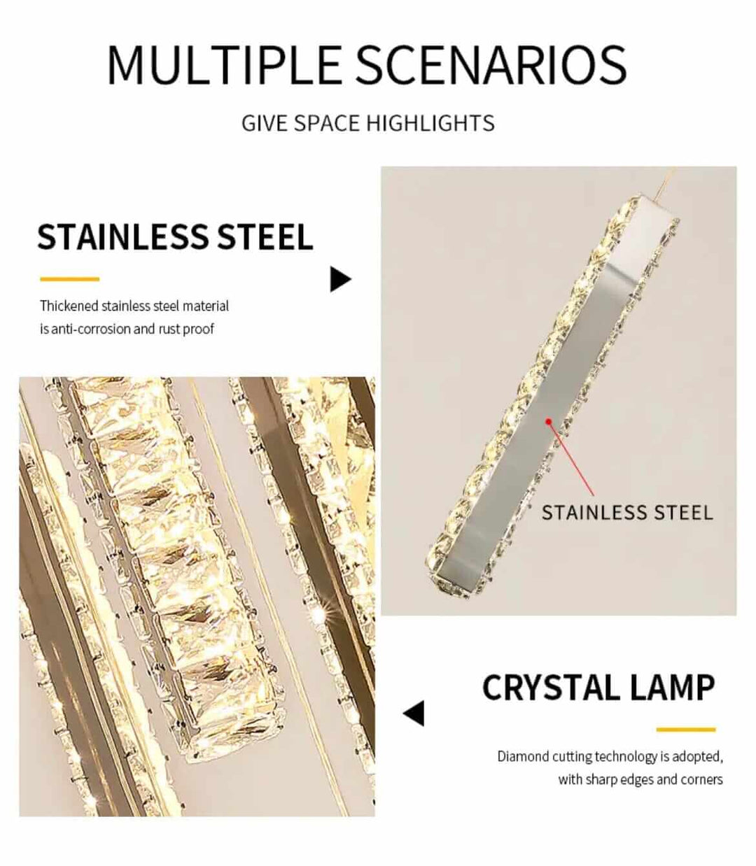 Staircase chandelier features stainless steel and crystal lamp for elegance and durability in modern decor.