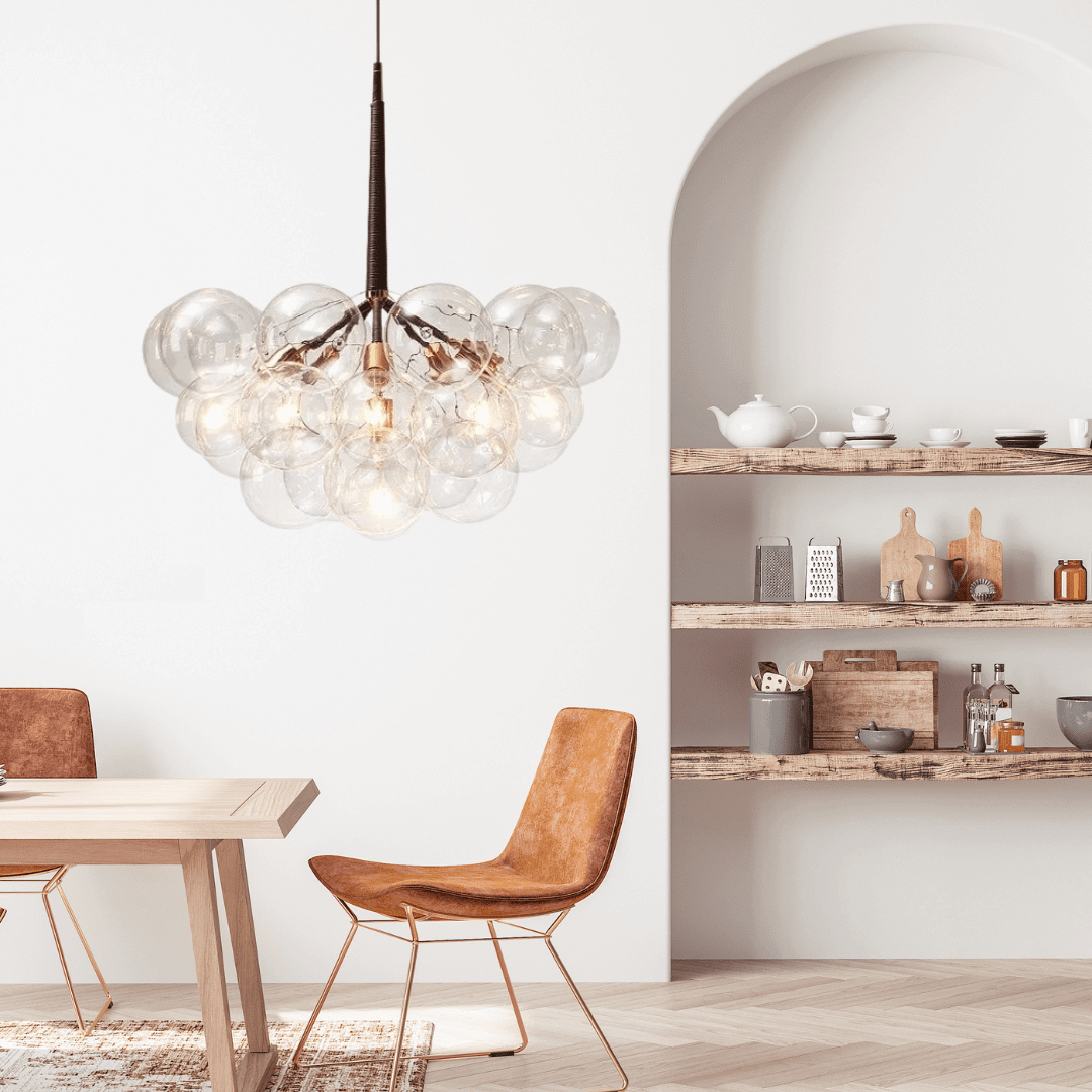 Nordic Glass Bubble Chandelier illuminating a stylish dining area with modern decor.