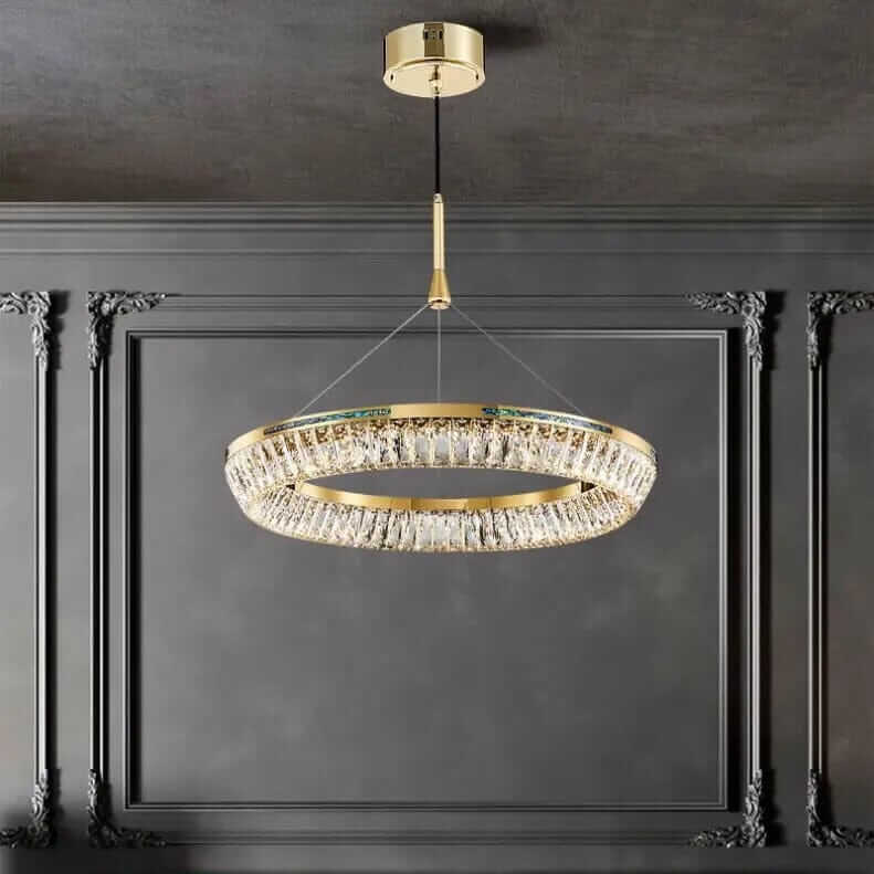 Luxurious foyer chandelier with K9 crystal and gold accents, illuminating modern interiors with elegance.