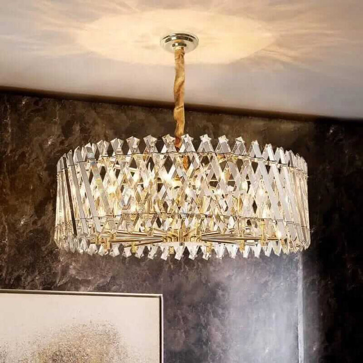 Luxury crystal chandelier with modern design, illuminating a stylish living room decor.