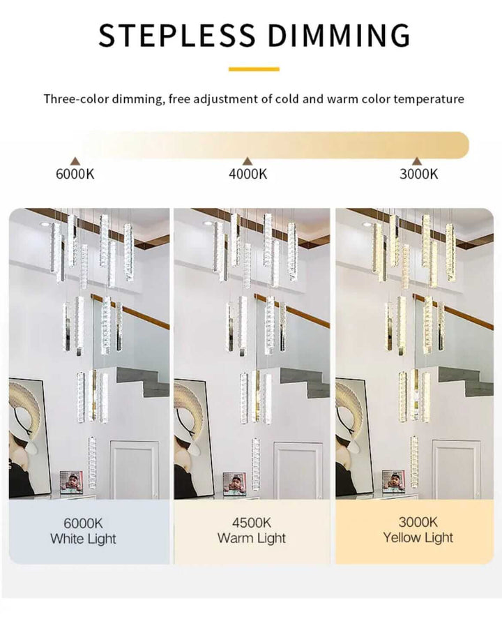 Image depicting stepless dimming of a modern chandelier with three color temperature options: 6000K, 4000K, and 3000K.