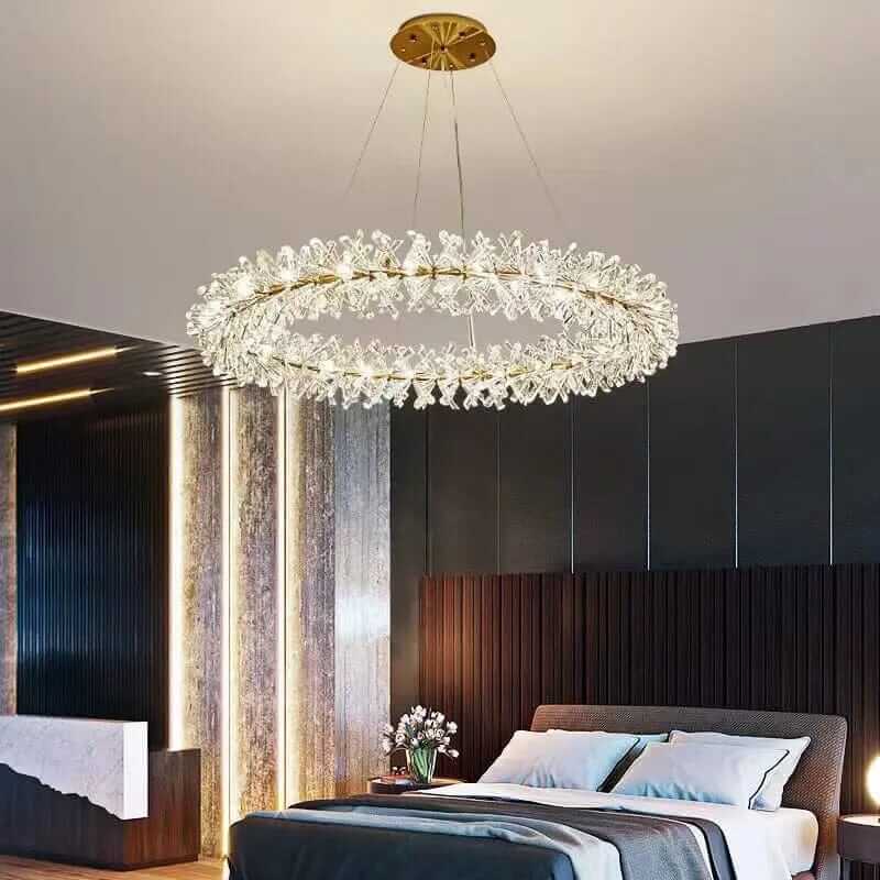 LED chandelier with flower design illuminating a stylish bedroom, adding a touch of glamour and sophistication.