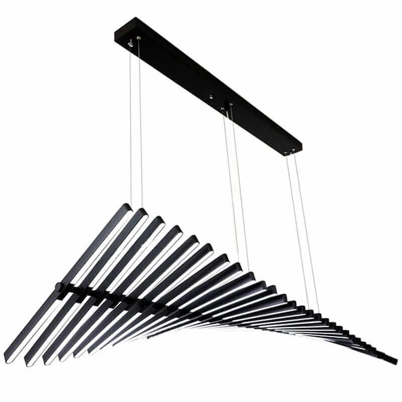 Contemporary black chandelier resembling a fishbone, featuring LED lights and minimalist design for modern decor.