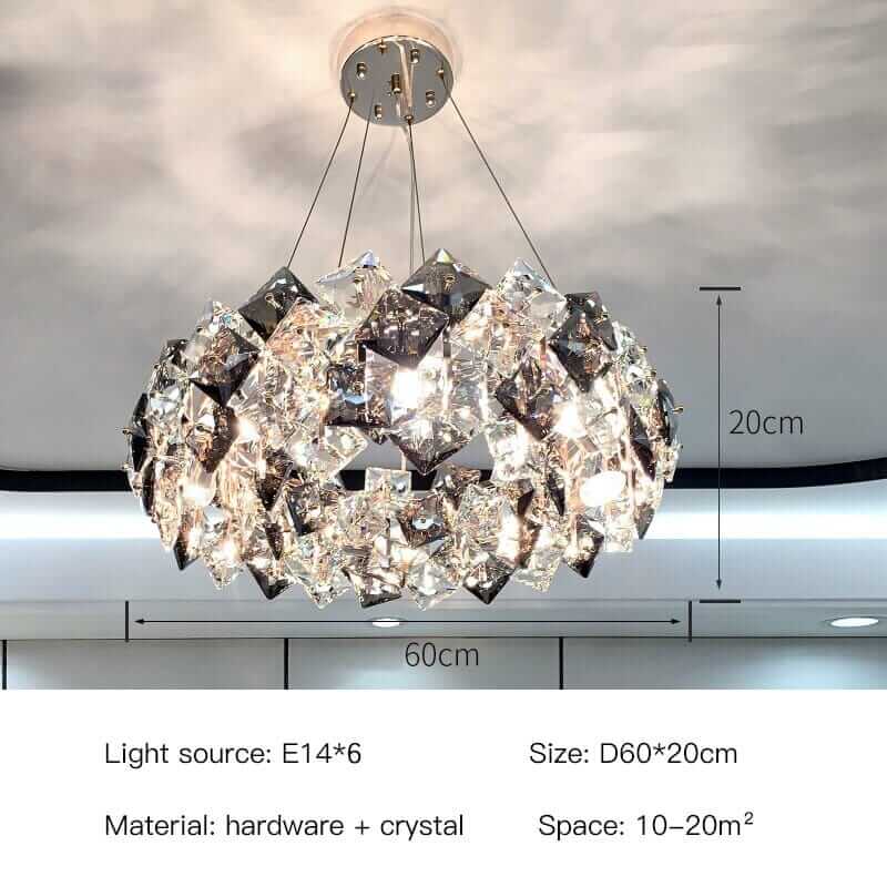 Round chandelier with crystal design, reflecting light in a sophisticated living space.