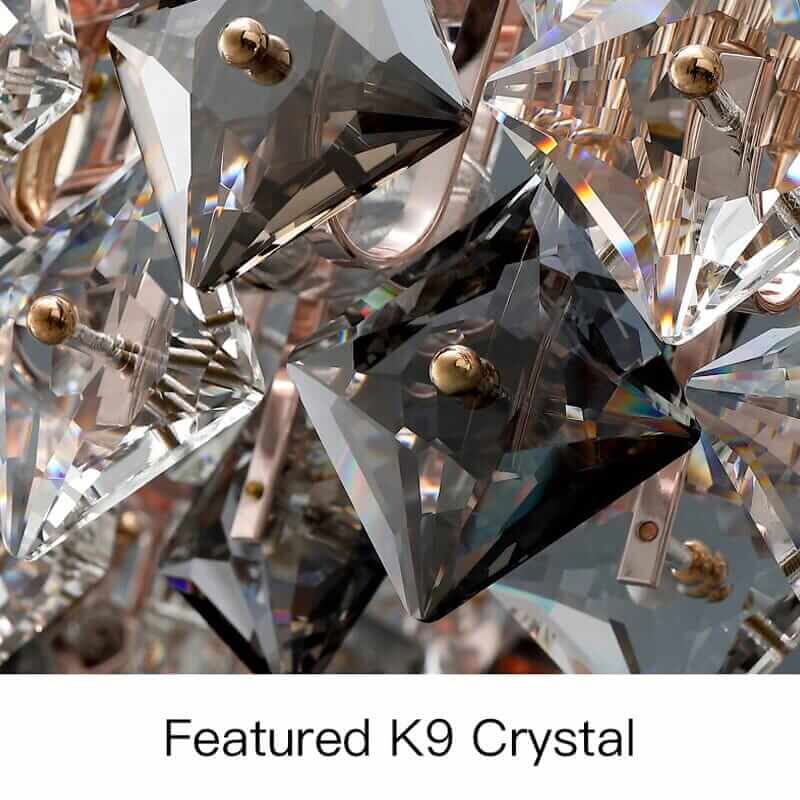 Close-up of K9 crystal elements on a chandelier, showcasing exceptional clarity and luxury.