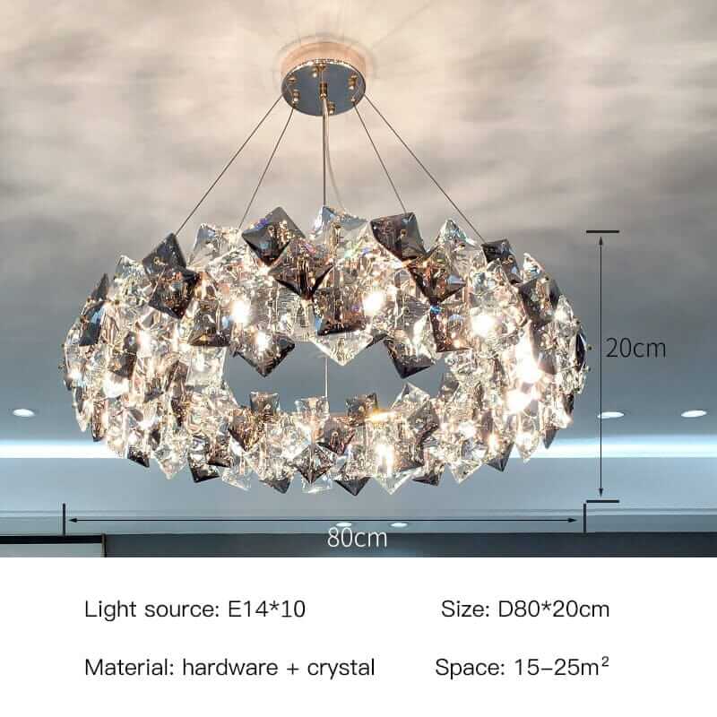 Stylish round chandelier with crystal elements, measuring 80cm diameter, enhancing sophistication in any space.