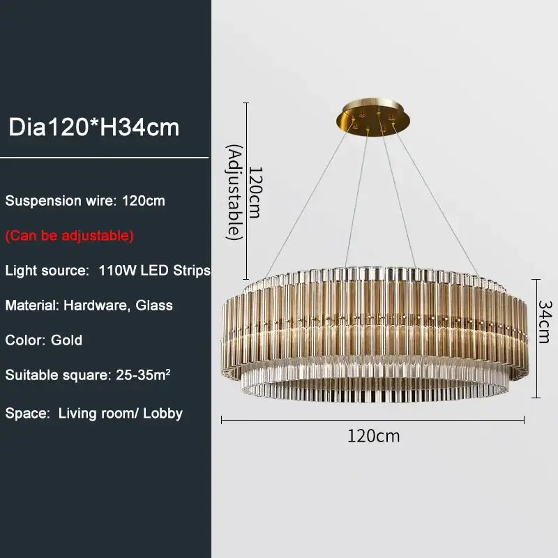 Gold round chandelier with adjustable suspension, 110W LED strips and crystal accents, ideal for living room or lobby.