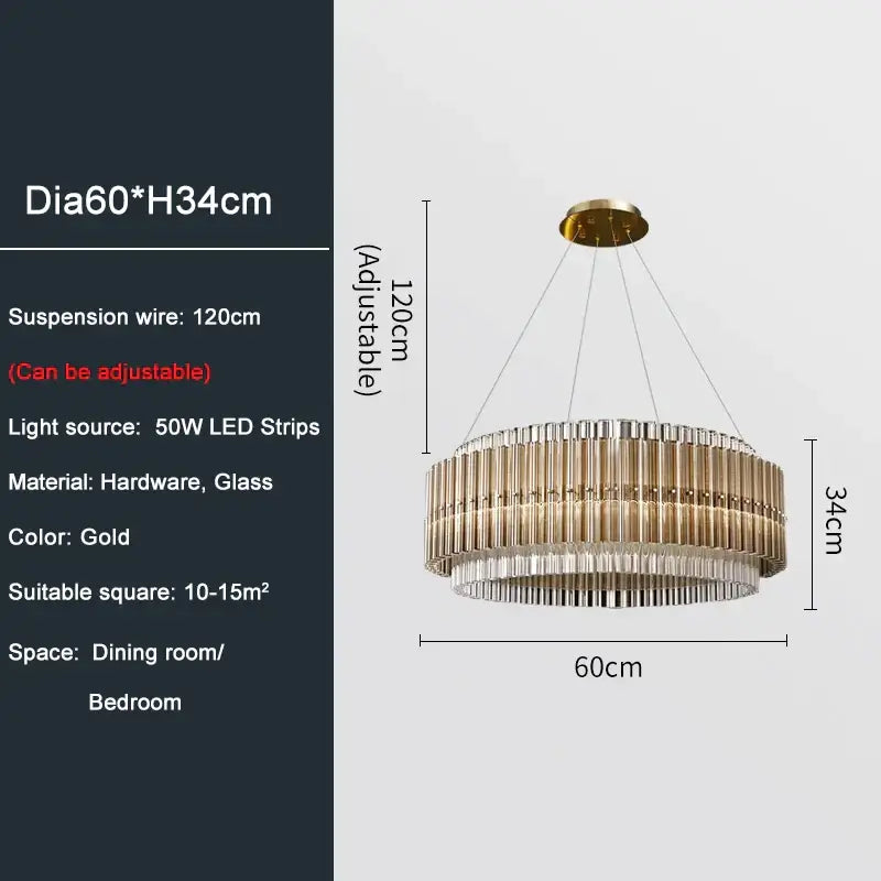 Adjustable gold chandelier with crystal accents, 60cm diameter, ideal for dining room or bedroom, 50W LED strips.