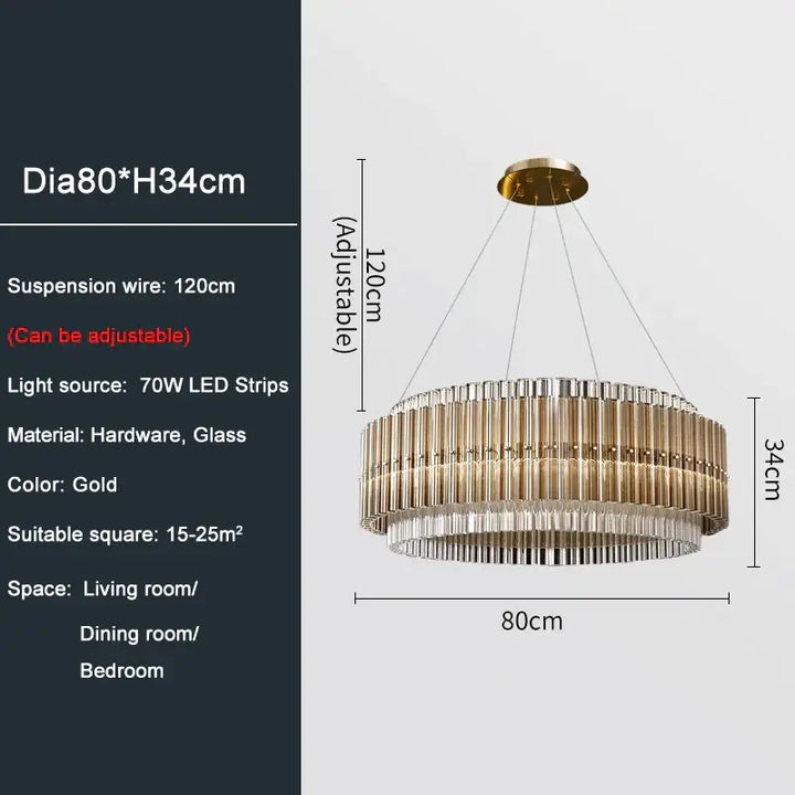 Gold round hanging chandelier with adjustable suspension wire, 80cm diameter, ideal for living or dining room decor.