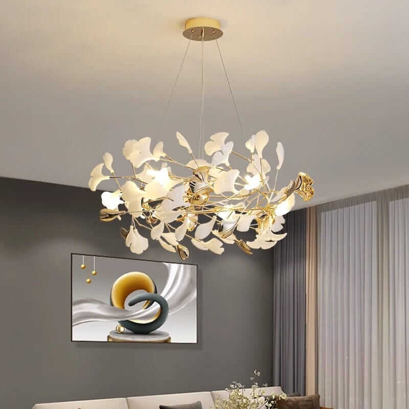Elegant floral chandelier with gold accents, enhancing ambiance in modern living space.