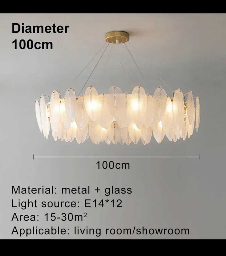 100cm diameter chandelier made of metal and glass, ideal for living rooms and showrooms.