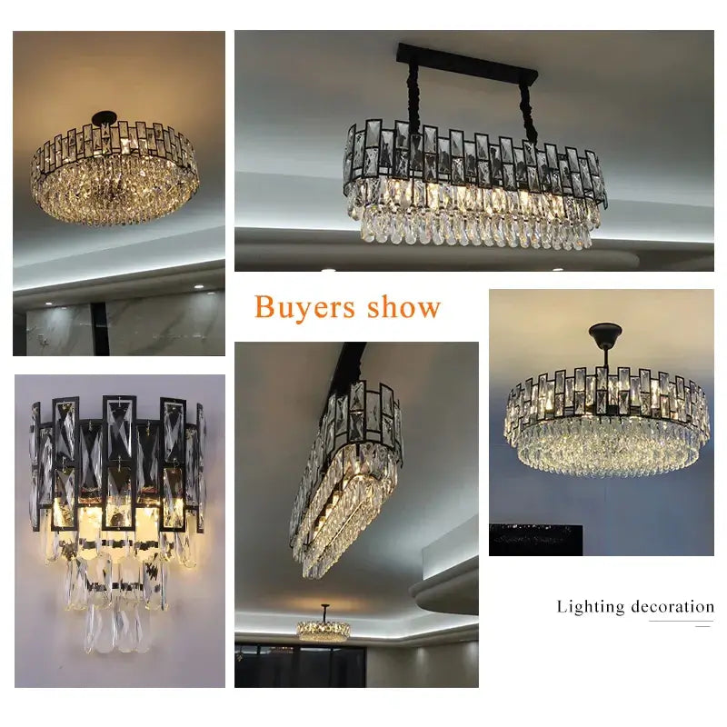 Collection of modern black chandeliers featuring luxury crystals in various settings, showcasing elegant lighting decoration.