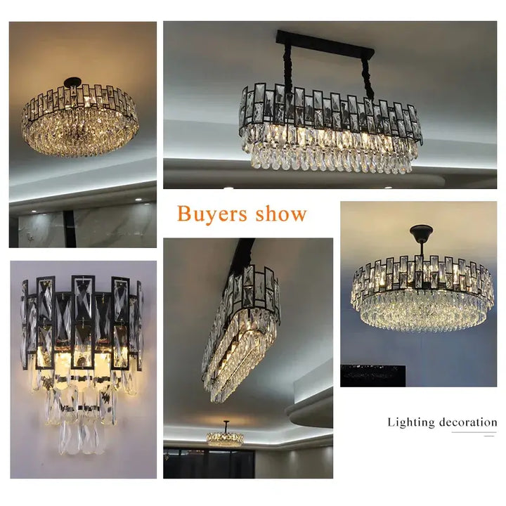 Collection of modern black chandeliers featuring luxury crystals in various settings, showcasing elegant lighting decoration.