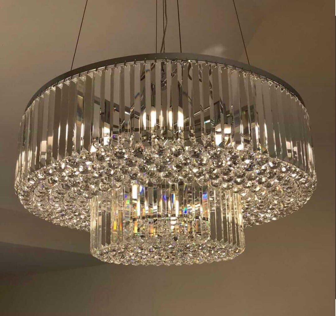 Alisah Dual Crystal Chandelier displaying elegant crystals and modern design, enhancing luxury ambiance in any room.