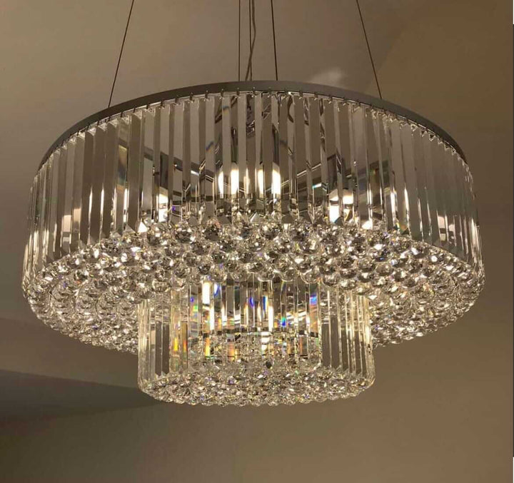 Alisah Dual Crystal Chandelier displaying elegant crystals and modern design, enhancing luxury ambiance in any room.