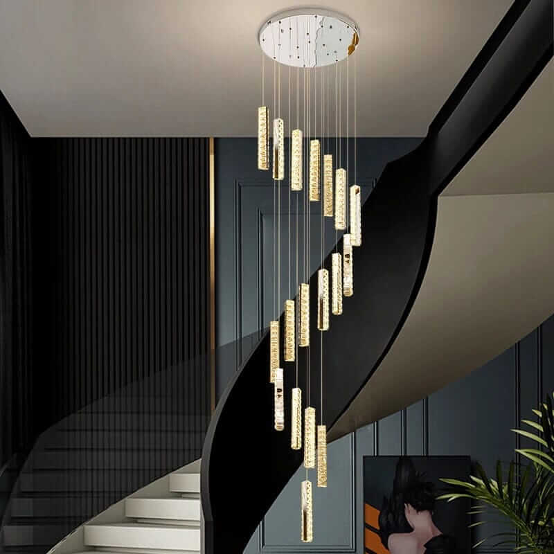 Staircase chandelier with crystal elements illuminating a modern staircase, adding elegance and charm to the decor.