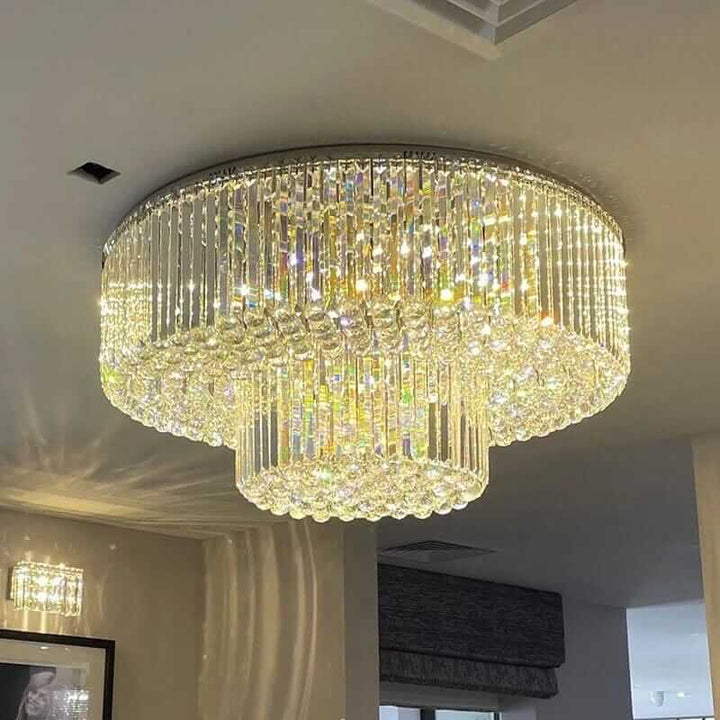 Stylish Alisah Dual Crystal Chandelier featuring radiant crystals and modern design, illuminating an elegant living space.