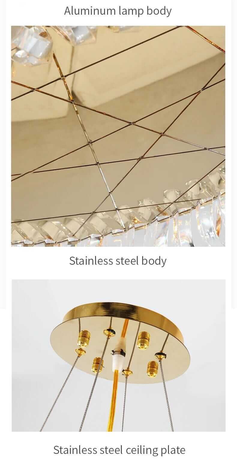 Close-up of an aluminum lamp body and stainless steel ceiling plate of an elegant chandelier.