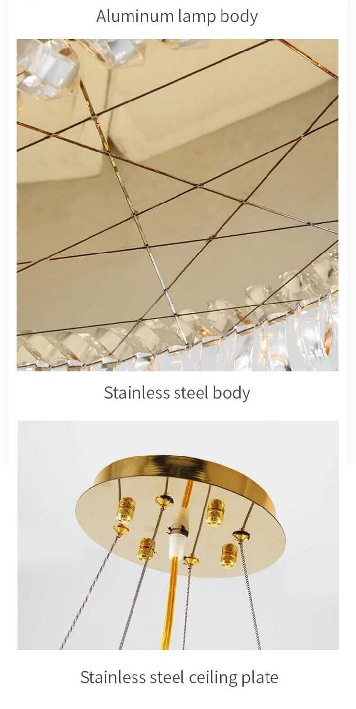 Close-up of an aluminum lamp body and stainless steel ceiling plate of an elegant chandelier.