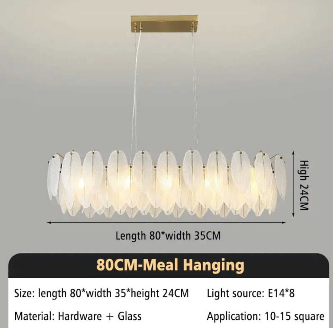 Modern 80CM pendant chandelier with glass leaves, LED bulbs, ideal for contemporary spaces.