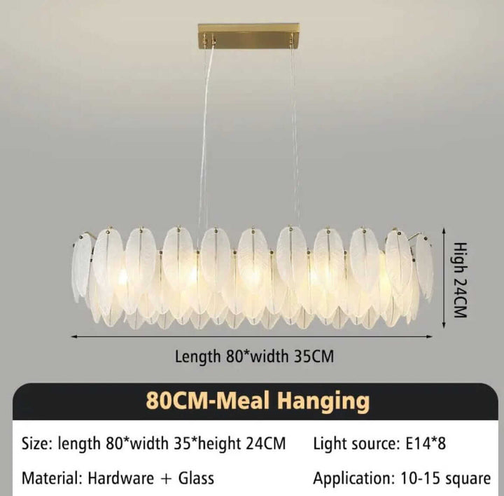 Modern 80CM pendant chandelier with glass leaves, LED bulbs, ideal for contemporary spaces.