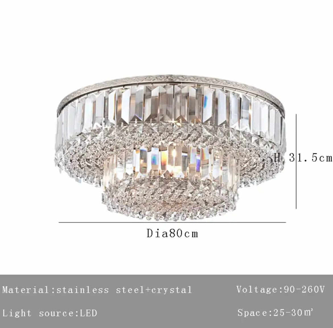 Alisah Dual Crystal Chandelier featuring stainless steel and crystal, LED light source, with a diameter of 80 cm and height of 31.5 cm.
