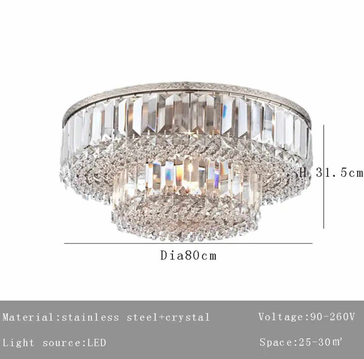 Alisah Dual Crystal Chandelier featuring stainless steel and crystal, LED light source, with a diameter of 80 cm and height of 31.5 cm.