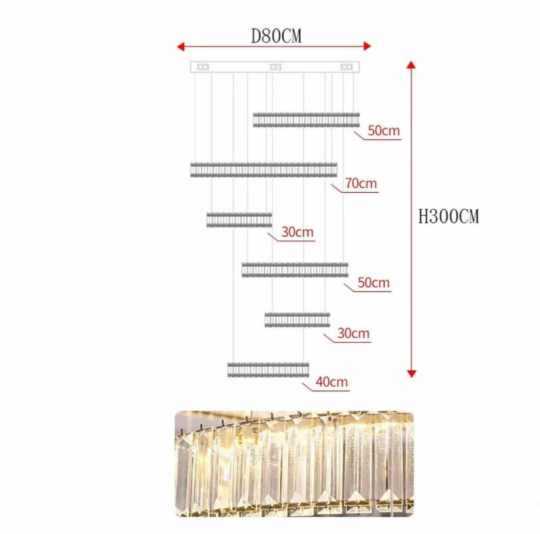 Dimensions and details of a Circle Ring Long LED Crystal Chandelier, showcasing its elegant design and layout.