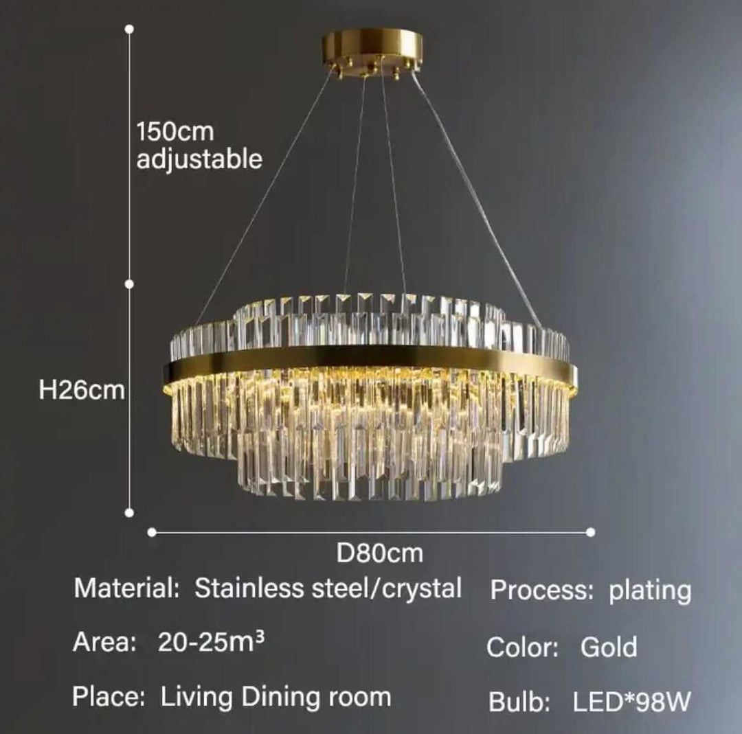 Elegant gold foyer chandelier with crystal accents, adjustable height, ideal for living and dining spaces.