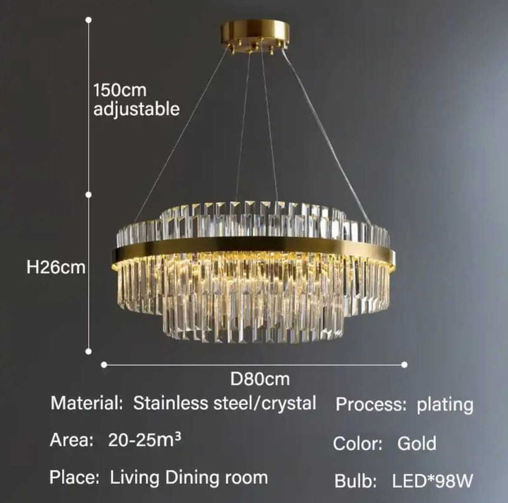 Elegant gold foyer chandelier with crystal accents, adjustable height, ideal for living and dining spaces.