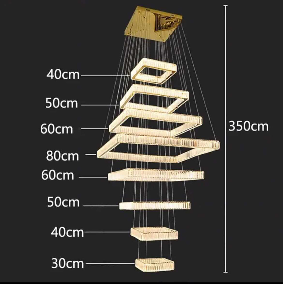 Modern LED staircase chandelier design measuring 350cm with varying lengths for an elegant foyer.