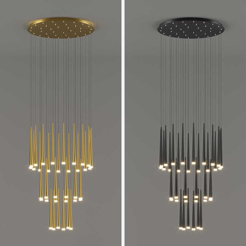 Sleek modern staircase chandelier in gold and black finishes, showcasing stylish design and elegance for contemporary spaces.