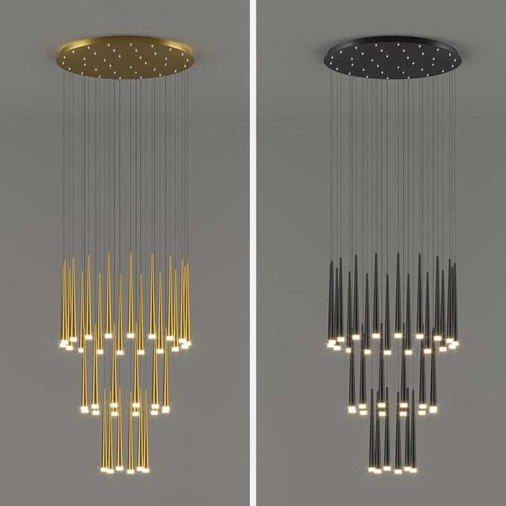 Sleek modern staircase chandelier in gold and black finishes, showcasing stylish design and elegance for contemporary spaces.