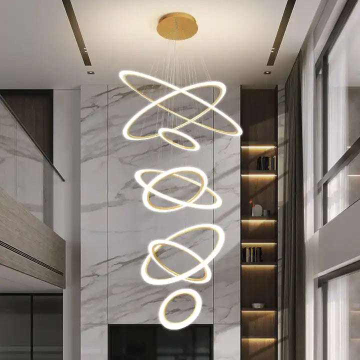 Modern 5-ring LED chandelier creating a stunning ambiance in a stylish home interior.